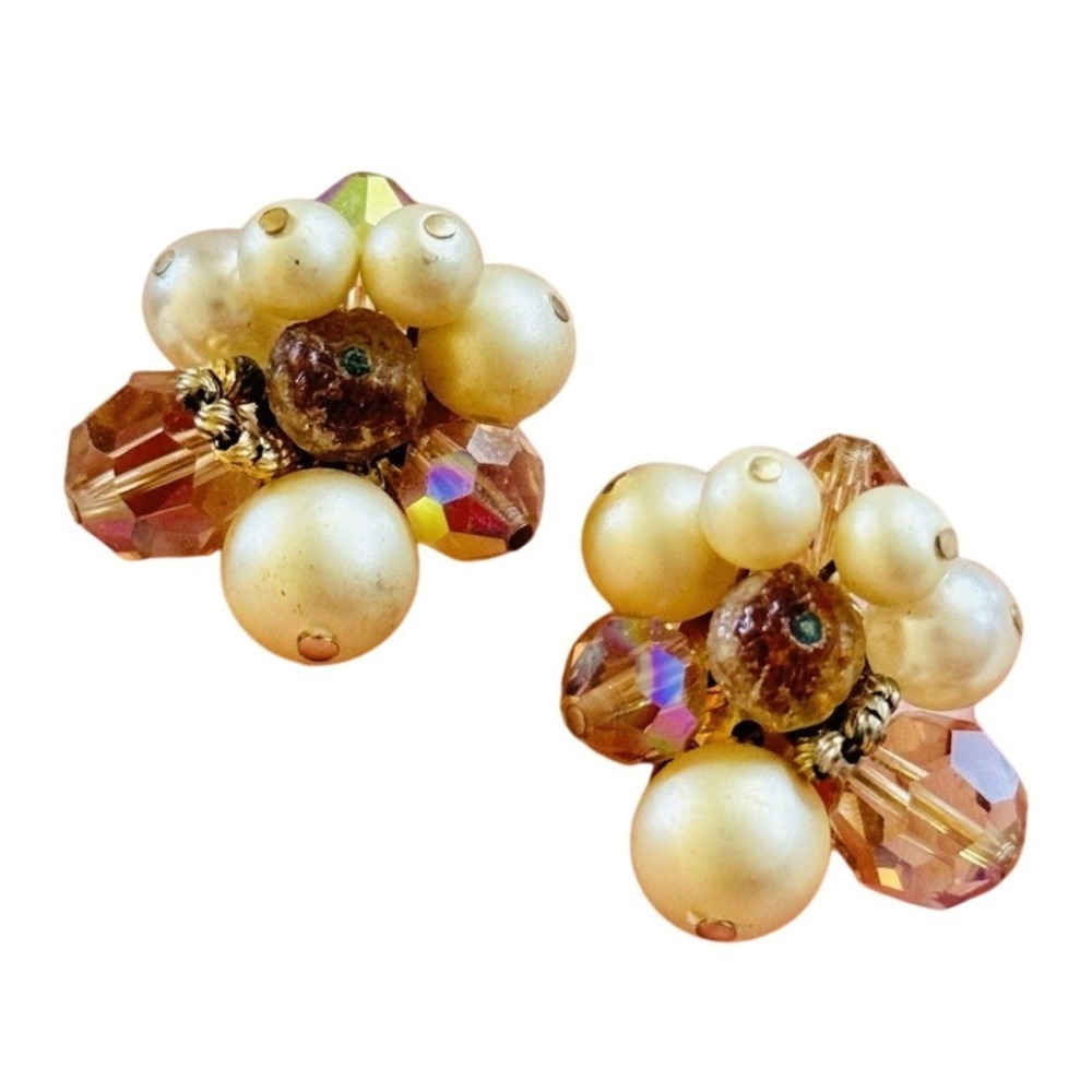 Vendome Earrings Cluster VTG Signed Glass Rhinestone Crystal Clip Rare Round 60s